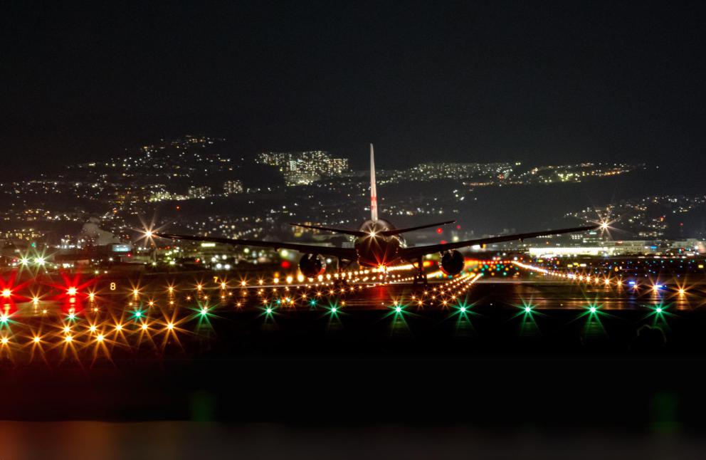 Airfield lighting on runway at night